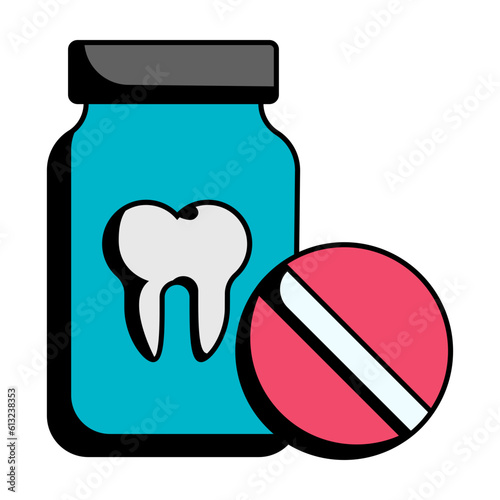teeth Medicine and Pill concept, Pain Relievers Antibiotics Tablets Jar vector icon design, Dentures symbol,Oral Healthcare sign, Dental instrument stock illustration 