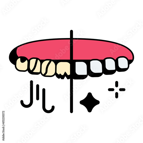 Effects of Bruxism Vs Healthy Teeth concept, prevent teeth grinding night Guard vector icon design, Dentures symbol,Oral Healthcare sign, Dental instrument stock illustration 