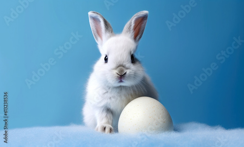 Cute white rabbit with egg on blue background. Easter concept. High quality photo © oksa_studio
