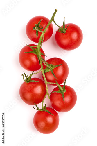 Tomato cherry on branch isolated on white background.