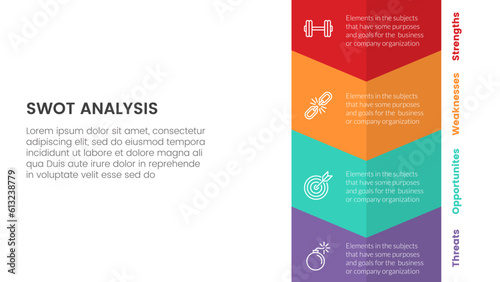 swot analysis concept with vertical shape and arrow down for infographic template banner with four point list information vector