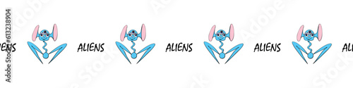 Edging, ribbon, border of funny three-eyed Aliens in doodle flat style. Humanoids, visitors, Martians. Decorative element, decoration on theme of space, UFO, fantastic, kids design