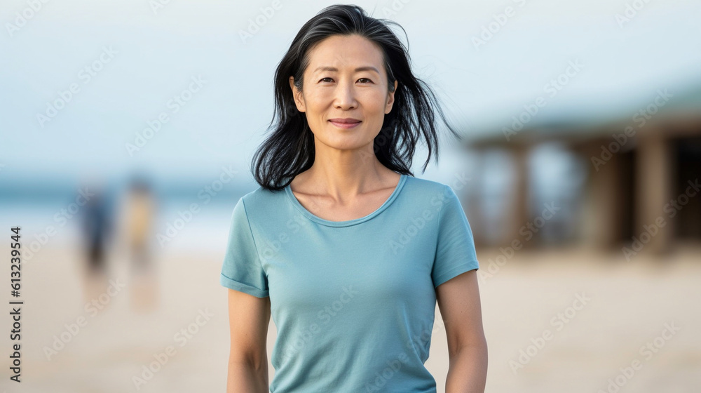 Middle age Asian woman enjoying a quiet beach time. Portrait of a female in her 40s, 50s. Generative AI Middle age Asian woman enjoying a quiet beach time. Portrait of a female in her 40s, 50s. Generative AI
