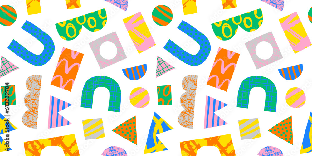 Modern abstract art seamless pattern illustration with colorful hand drawn shapes. Trendy contemporary background , random freehand doodle drawings, basic collage shape children design. Modern abstract art seamless pattern illustration with colorful hand drawn shapes. Trendy contemporary background , random freehand doodle drawings, basic collage shape children design.