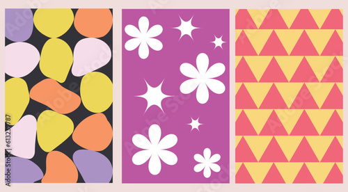 Set of three posters in a 2000s psychedelic style in bright colors with shapeless elements, star flowers and triangles. Vector illustration