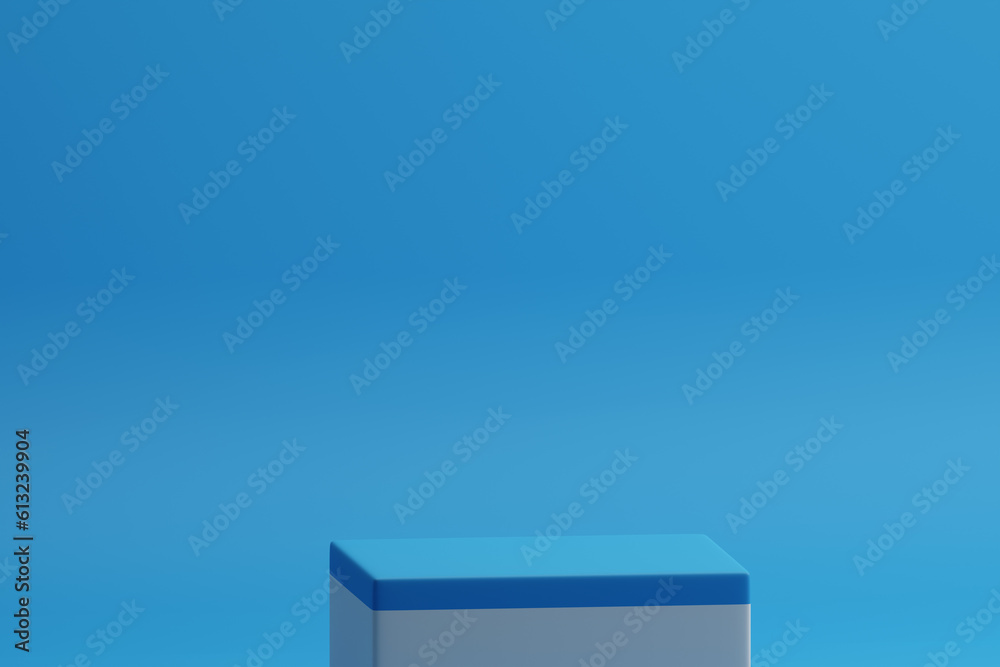 3D rendering rectangular shaped product display podium with blue layered surface on empty blue background. Product display mockup 3D rendering rectangular shaped product display podium with blue layered surface on empty blue background. Product display mockup