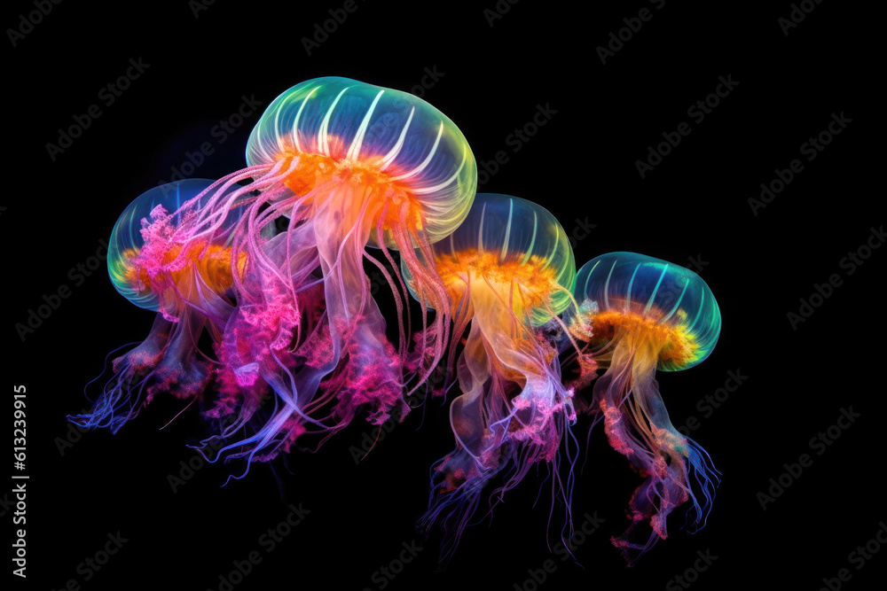 Obraz premium Neon glowing jellyfish on black background