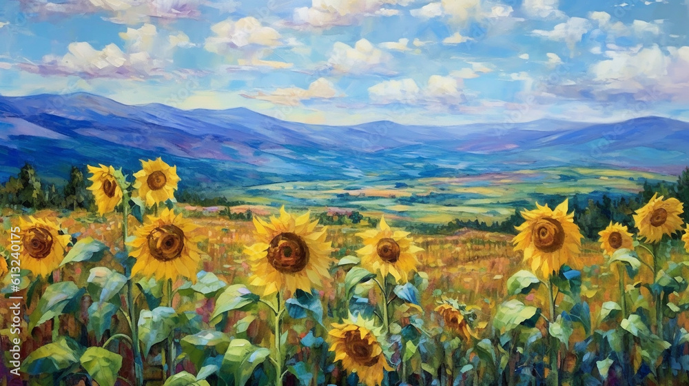 Digital oil painting of peaceful rural landscape with colorful sunflower field under vivid blue sky and mountain range in the background, impressionism. Generative AI.