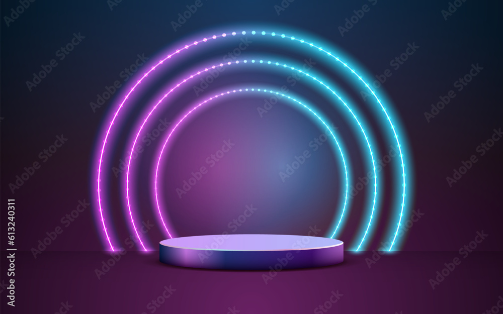 product podium display 3d Empty Cylinder and neon circle light ray color background product podium display 3d Empty Cylinder and neon circle light ray color background