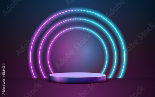 product podium display 3d Empty Cylinder and neon circle light ray color background