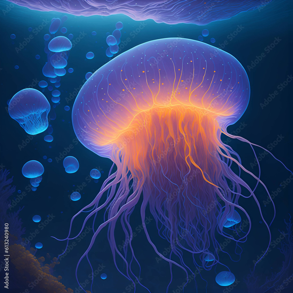 Fototapeta premium Glowing jellyfish concept art, digital painting, 