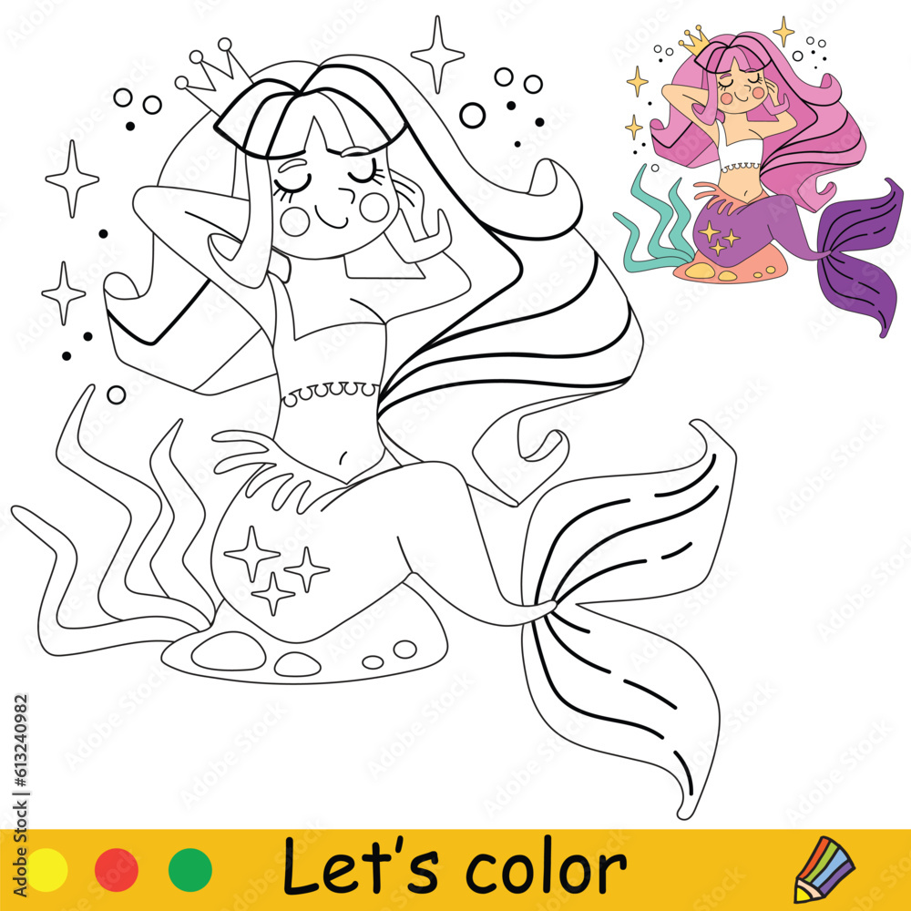 Kids coloring happy mermaid Princess vector illustration