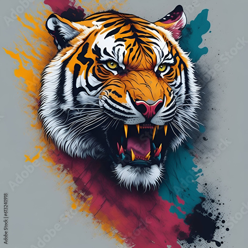 angry tiger, neon colors, t-shirt design, Memphis design style, digital art and watercolor, white background