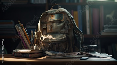 Illustration of a school bag full of school supplies