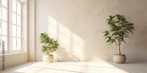 Two plants in a light-flooded room with cream-white walls  Generative AI  Generativ  KI 