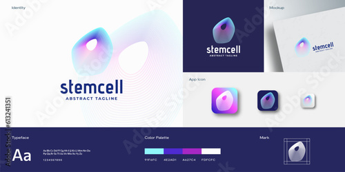 Stem Cell Abstract Vector Emblem Logo Template. Neon Gradient Biology Medical Symbol. Identity Guide with Typography mockup and app icons background layout Isolated