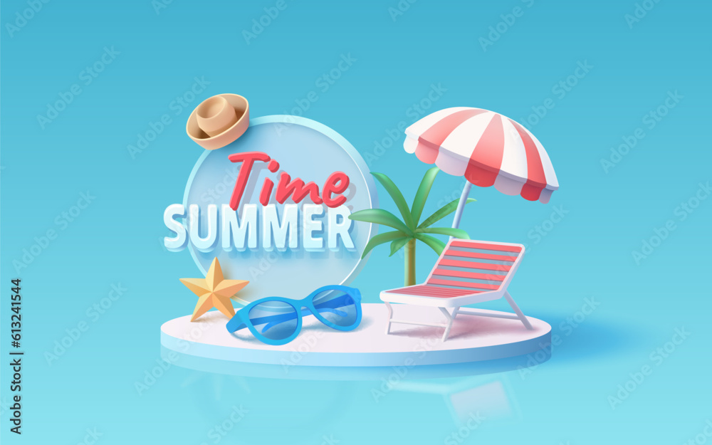 Summer time banner, beach umbrella with lounger for relaxation, sunglasses, seaside vacation scene. Vector illustration