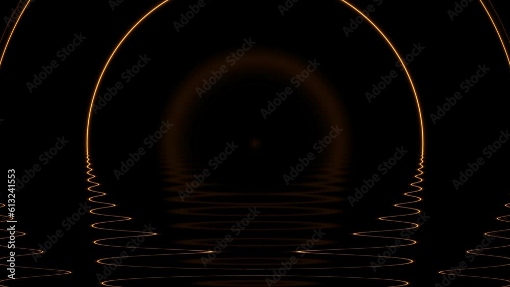 Seamless abstract psychedelic wavy background for loop playback. 4k video. Gold neon circles on black background and reflect in a