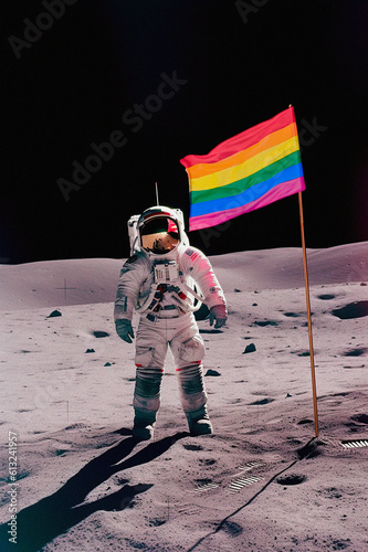image of astronaut on the moon putting up gay flag. generated with AI