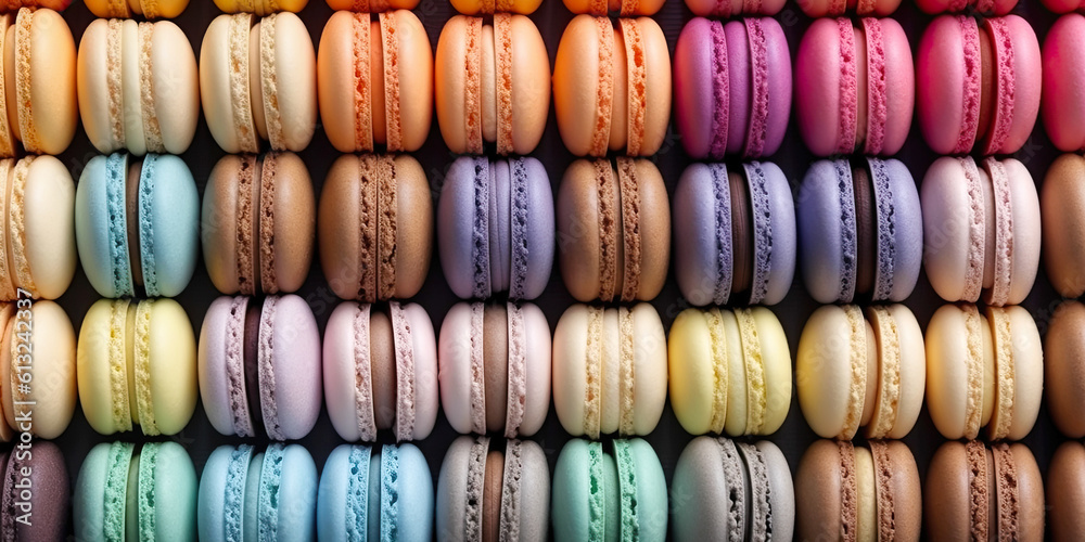Traditional French Colorful Macaroons Cookies Stacked in Rows Top View Background. AI generative.