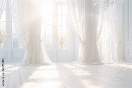 Romantic White Interior with Sunny Window and Curtains. AI generative. Bright Warm Tones, Bridal Mock Up.