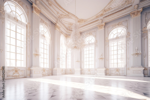 White Marble Golden Luxury Palace Interior with Sunny Window. AI generative
