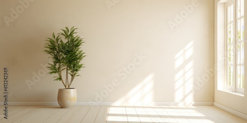 A plant stands alone in a light-flooded empty room with cream-white walls (Generative AI, Generativ, KI)