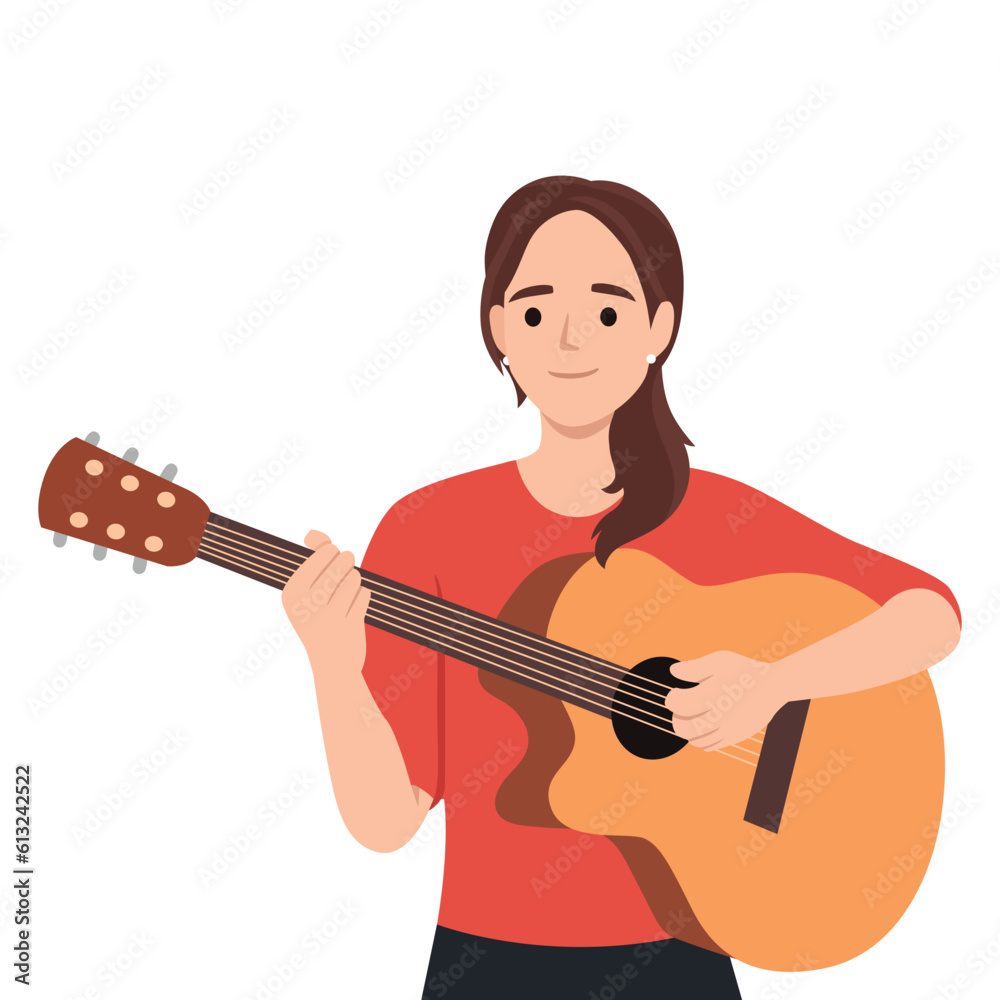 Fototapeta premium Music and creativity. woman in tshirt playing on acoustic guitar. Flat vector illustration isolated on white background