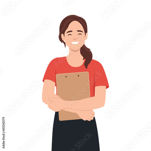 Beautiful office woman holding clipboard with smile. Flat vector illustration isolated on white background