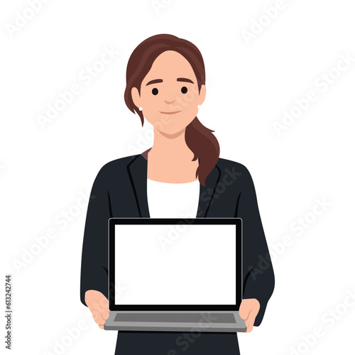 Young businesswoman showing blank screen laptop computer. Flat vector illustration isolated on white background