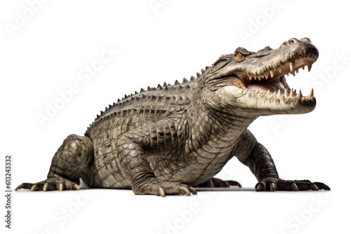 Crocodile full body showing jaws on white isolate background  Generative AI