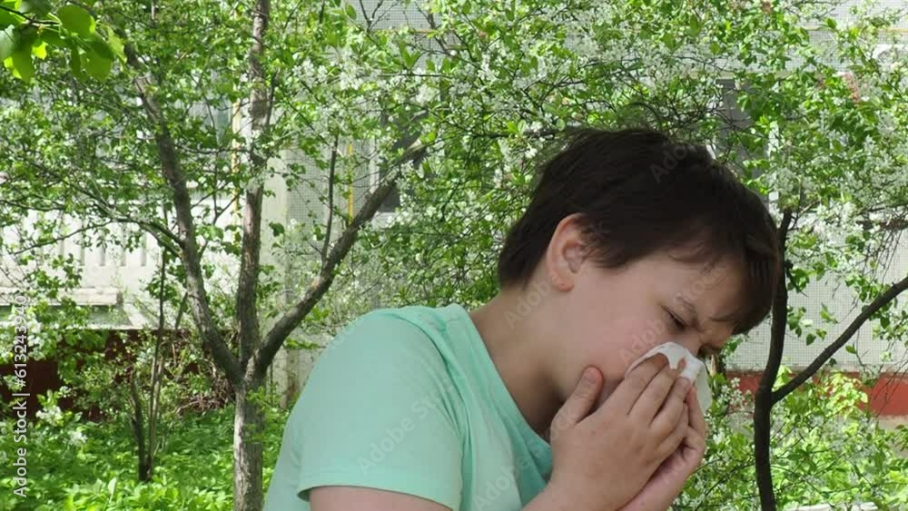 Child with pollen allergy. Boy sneezing and blowing nose because of seasonal allergy while sitting in a grass. Spring allergy concept. Flowering bushes and trees in background. Child allergy Child with pollen allergy. Boy sneezing and blowing nose because of seasonal allergy while sitting in a grass. Spring allergy concept. Flowering bushes and trees in background. Child allergy