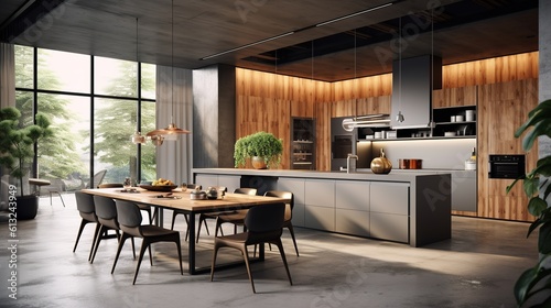 design modern kitchen with wooden inserts. Generative AI © Irina