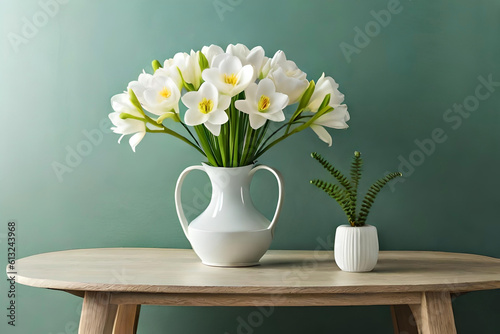 Freesia arrangement in a vase on a light green background, with a ceramic cone sculpture as minimalist decor
