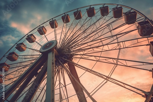 Nostalgic Childhood Fun: Vintage Capture of a Giant Wheel Kids Ride, Below View with Sky in Dusk Background, Generative Ai