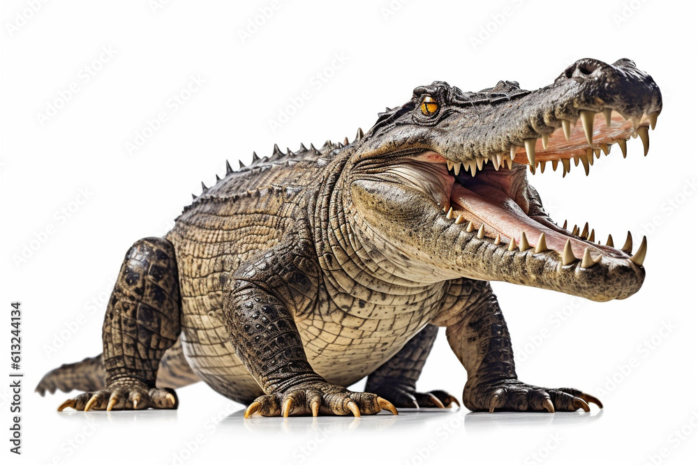 Fototapeta premium Crocodile full body showing jaws on white isolate background, Generative AI