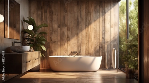 Modern bathroom. Design with panoramic window. Generative AI