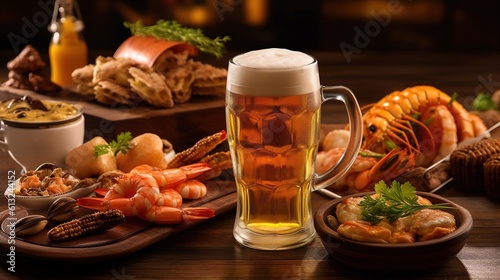 Beer in glass and crabs on the table close-up. Generative AI
