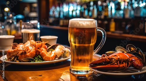 Beer in glass and crabs on the table close-up. Generative AI