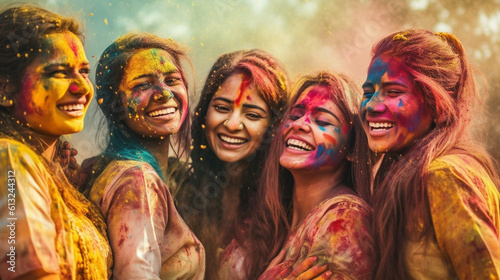 Happy Young Adults Covered in Colorful Gulal Powder Enjoying the Holi Celebration Together - Generative AI.