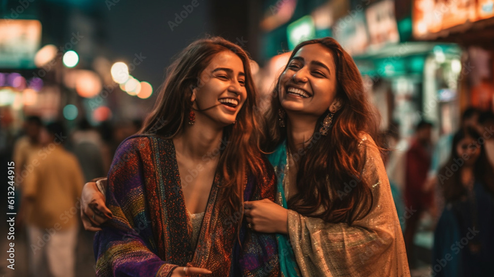 Happy Young Adult Indian Girlfriends Laughing Together In The Streets of New Delhi - Generative AI.
