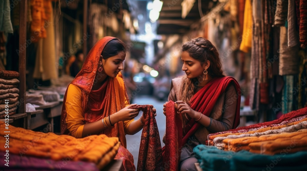 Happy Young Adult Indian Girlfriends Shopping Together In The Streets of New Delhi - Generative AI.