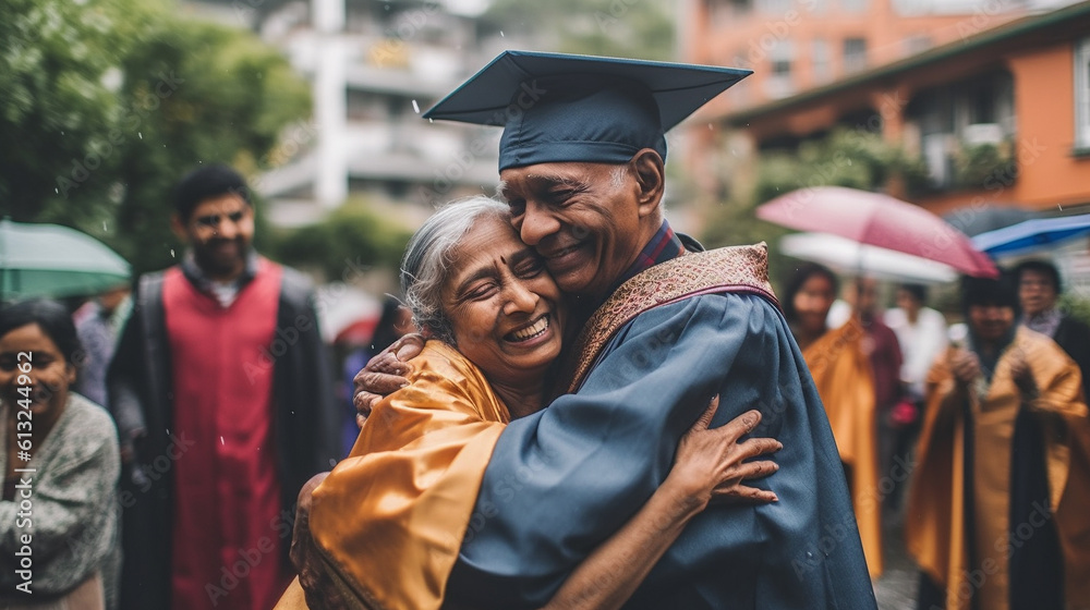 Obraz premium Happy Senior Adult Indian Male Wearing Graduate Cap and Gown Hugging Wife At His Graduation Ceremony - Generative AI.