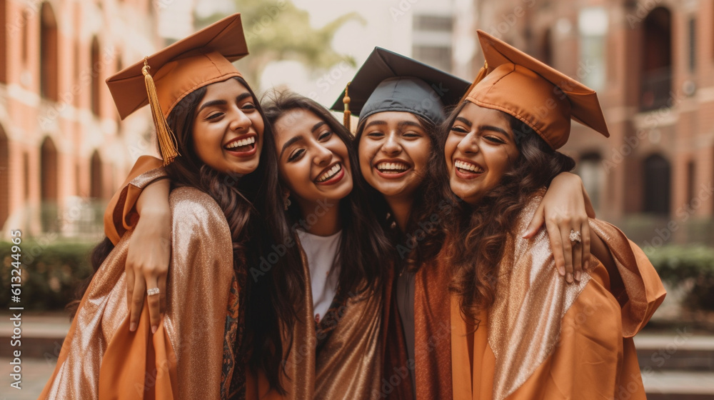 Obraz premium Happy Young Adult Indian Female Friends Wearing Graduate Cap and Gown Hugging at Their Graduation Ceremony - Generative AI.