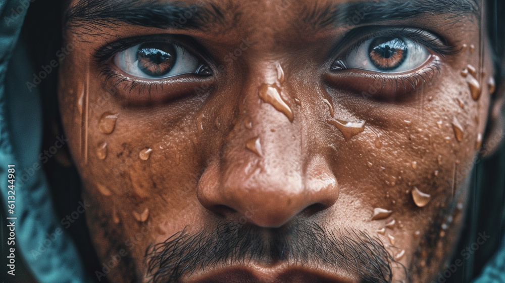 Close-up of The Wet Face of a Young Adult Indian Man - Generative AI. Close-up of The Wet Face of a Young Adult Indian Man - Generative AI.