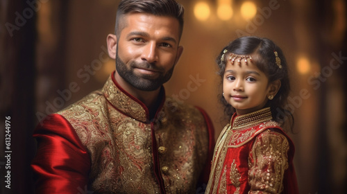 Ornately Dressed Handsome Young Adult Indian Man and His Beautiful Daughter Portrait - Generative AI.