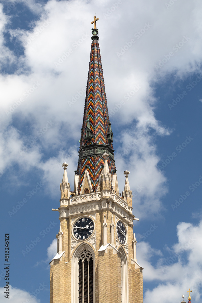 Facade details and bell tower of the cathedral in Novi Sad. The Name of Mary Church.