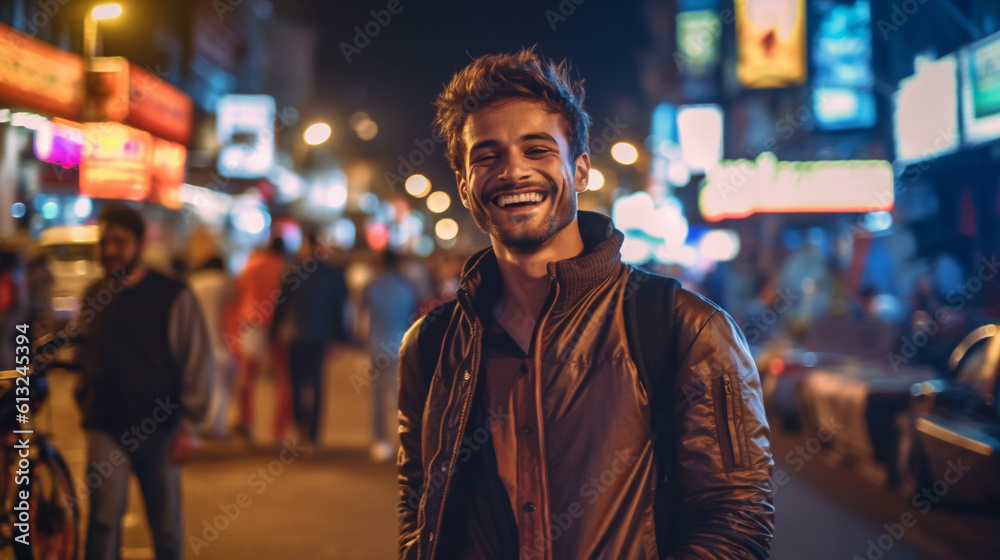 Young Adult Indian Man Laughing In The Streets of New Delhi - Generative AI.