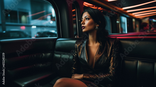 Stylish Young Adult Indian Woman Riding in the Back of Her Limousine - Generative AI.