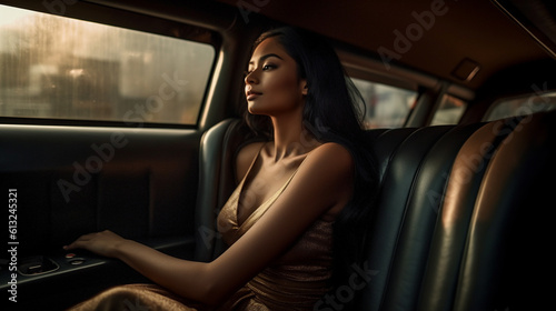 Stylish Young Adult Indian Woman Riding in the Back of Her Limousine - Generative AI. © Andy Dean